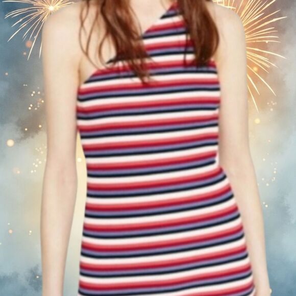 Zara Dress One Shoulder Mini Striped Stretchy Ribbed Body Con Summer Par… - Picture 1 of 16